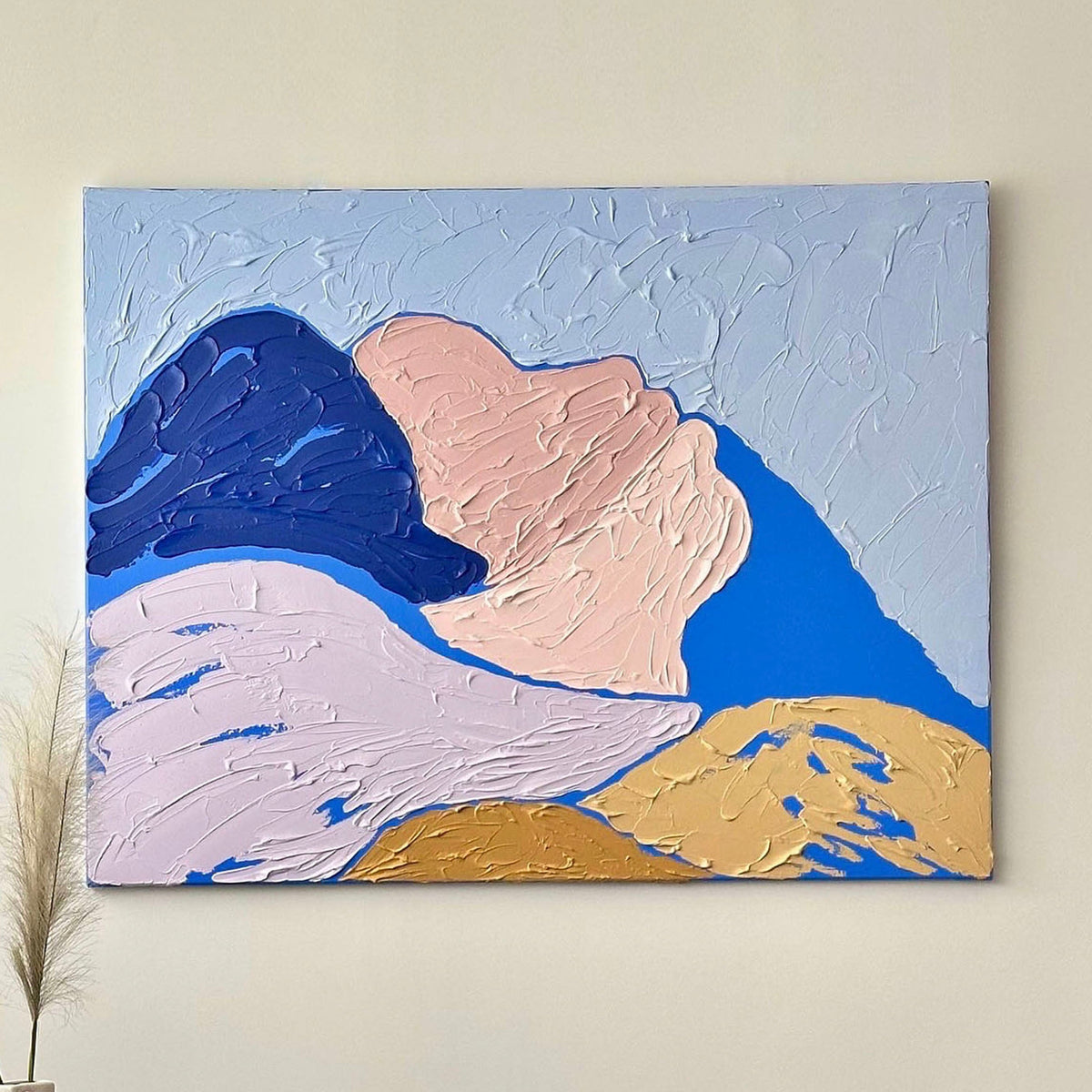Modern abstract artwork by Art Of Meka featuring thick acrylic texture, soft pastel colors and organic shapes, displayed in a contemporary interior.