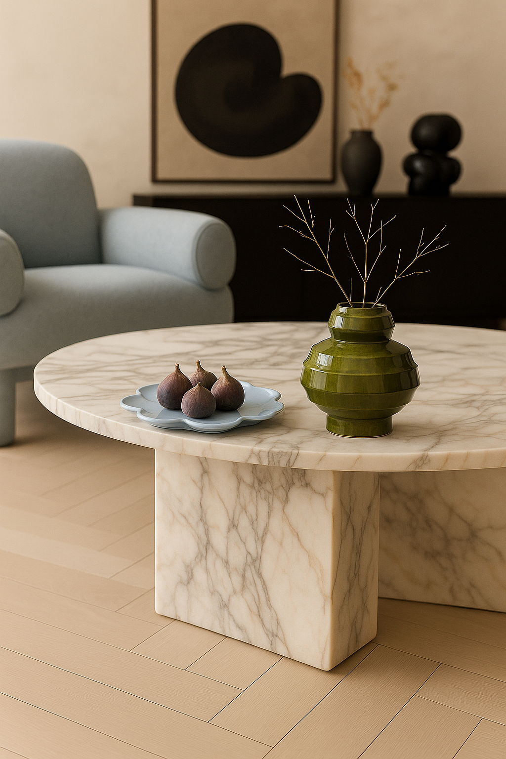 Minimalist living room detail with a marble coffee table, ceramic green vase and figs on a sculptural plate, modern neutral interior styling