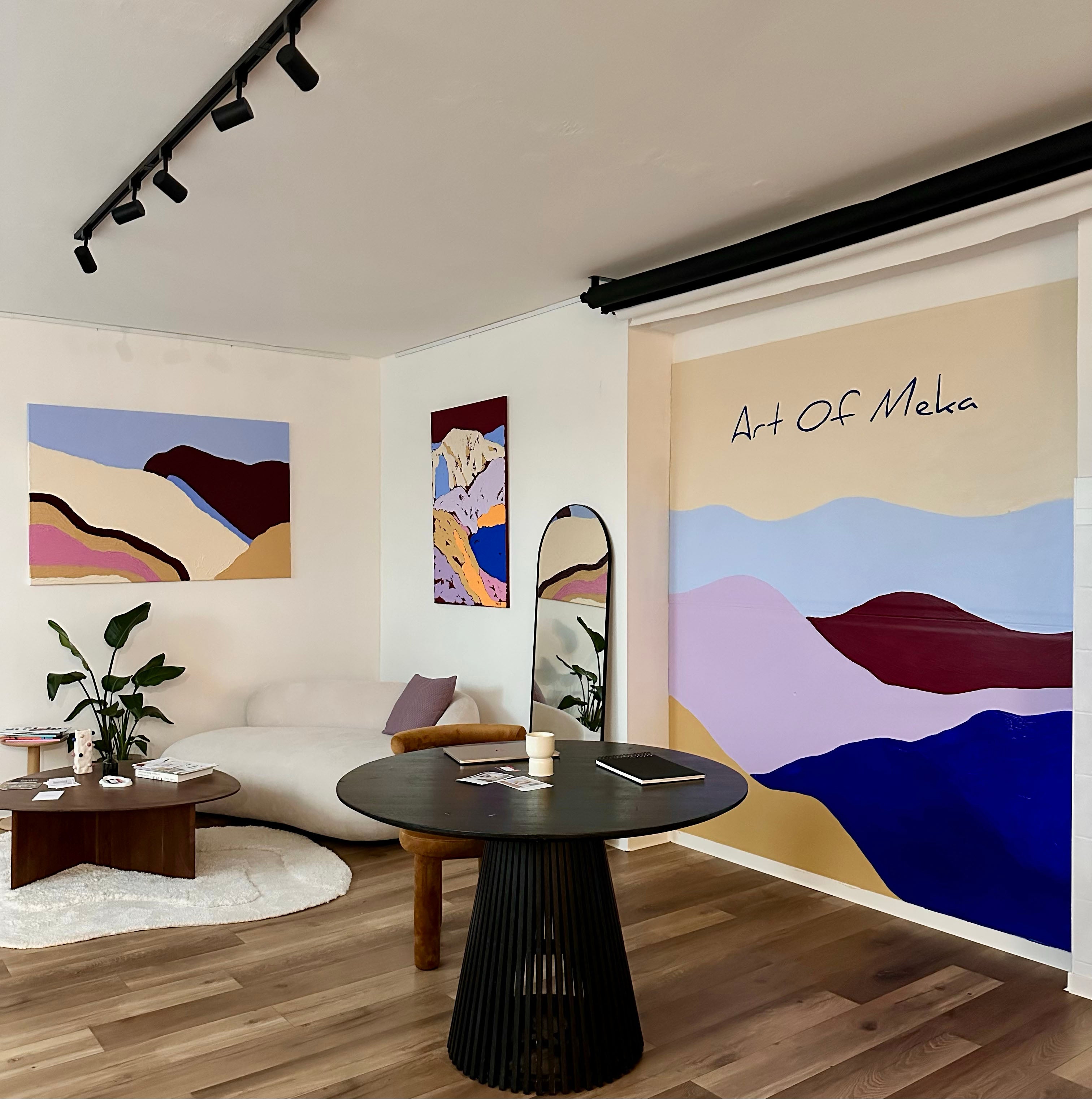 Art of Meka Studio in Pezinok, Slovakia – modern art studio interior featuring contemporary abstract paintings