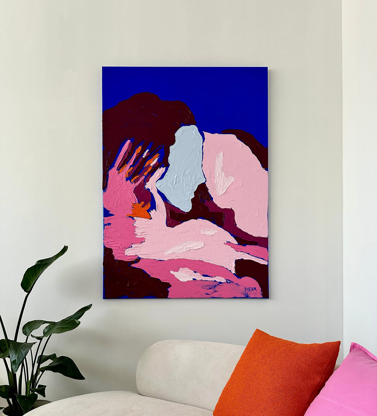 Figurative abstract painting by Art Of Meka featuring expressive figures in deep blue, burgundy and blush pink tones, textured acrylic on canvas, modern statement wall art.